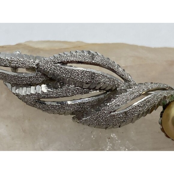 Vintage Yellow Pearl Floral Diamond Cut‎ Brooch Pin Sterling 925 Silver 6g - Picture 3 of 10